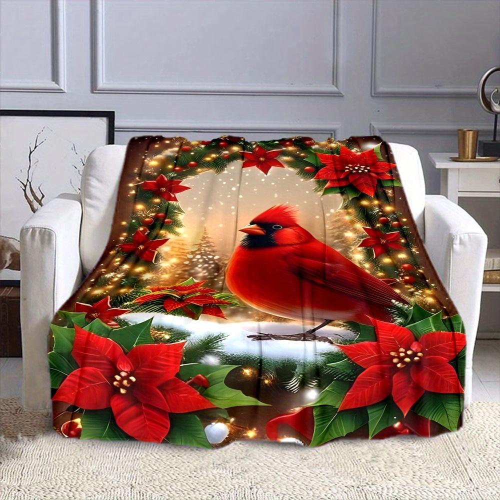 Gift Delight, Contemporary Reversible Flannel Throw Blanket, Cartoon Christmas Tree & Red Bird Print, All-Season Cozy Polyester