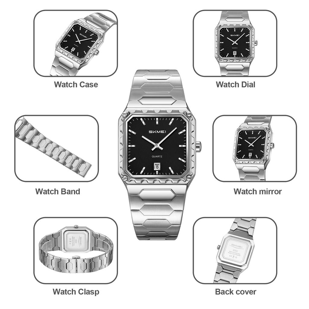 SKMEI 9383 Men's Quartz Watch for Men Stainless Steel Fashion Sports Waterproof Silver Wrist Watch Luxury New Simple Square
