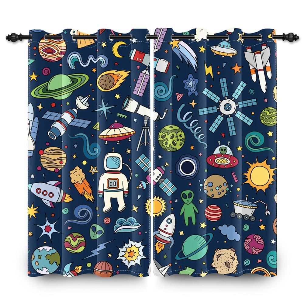Space Astronaut Blackout Curtains Fun Cartoon Print Window Curtain for Kids Bedroom Living Room Playful Room Darkening Drapes