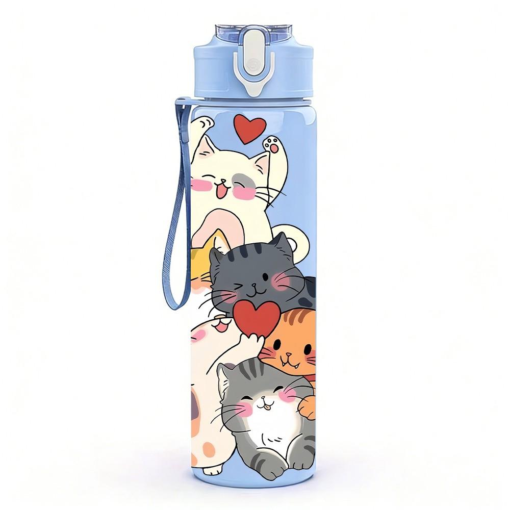 1PC Cute Cat And Kitten Floral Cartoon Print 750ml Color Plastic Sports Water Bottle Leakproof Flip Straw Lid Suitable for Sports Office Home Use