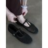 Retro Round Head Hollow Woven Single Shoes Women's Flat Bottom T-shaped Buckle Shallow Mouth Mary Jane Shoes Sandals
