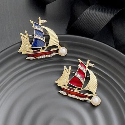 Exquisite Rhinestone Blue Sailboat Brooches For Women Men Elegant Luxury Pearl Boat Brooch Pins Office Party Jewelry Gifts