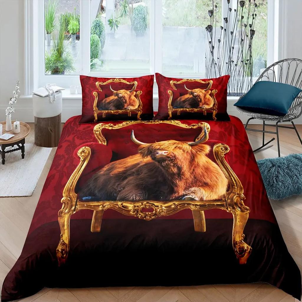 Cartoon Highland Cow Duvet Cover Set Western Animal Bedding Set 3D Ocean Bull Cattle Comforter Cover Floral Branches Quilt Cover