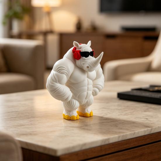 Funny Rhinoceros Desktop Statue 3D Printed Muscle Animal Figurine with Sunglasses And Headphones Novelty Cool Rhinoceros Ornament for Home Decor