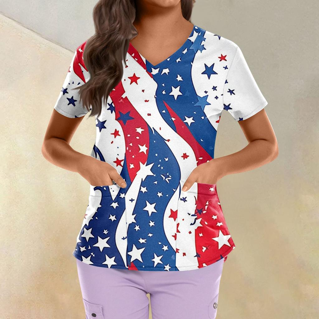 Plus Size Printed Scrub Working Uniform Tops For Women's Cross V Neck Independence Day Print Short Sleeve Fun T-Shirts Workwear Tee With Pockets