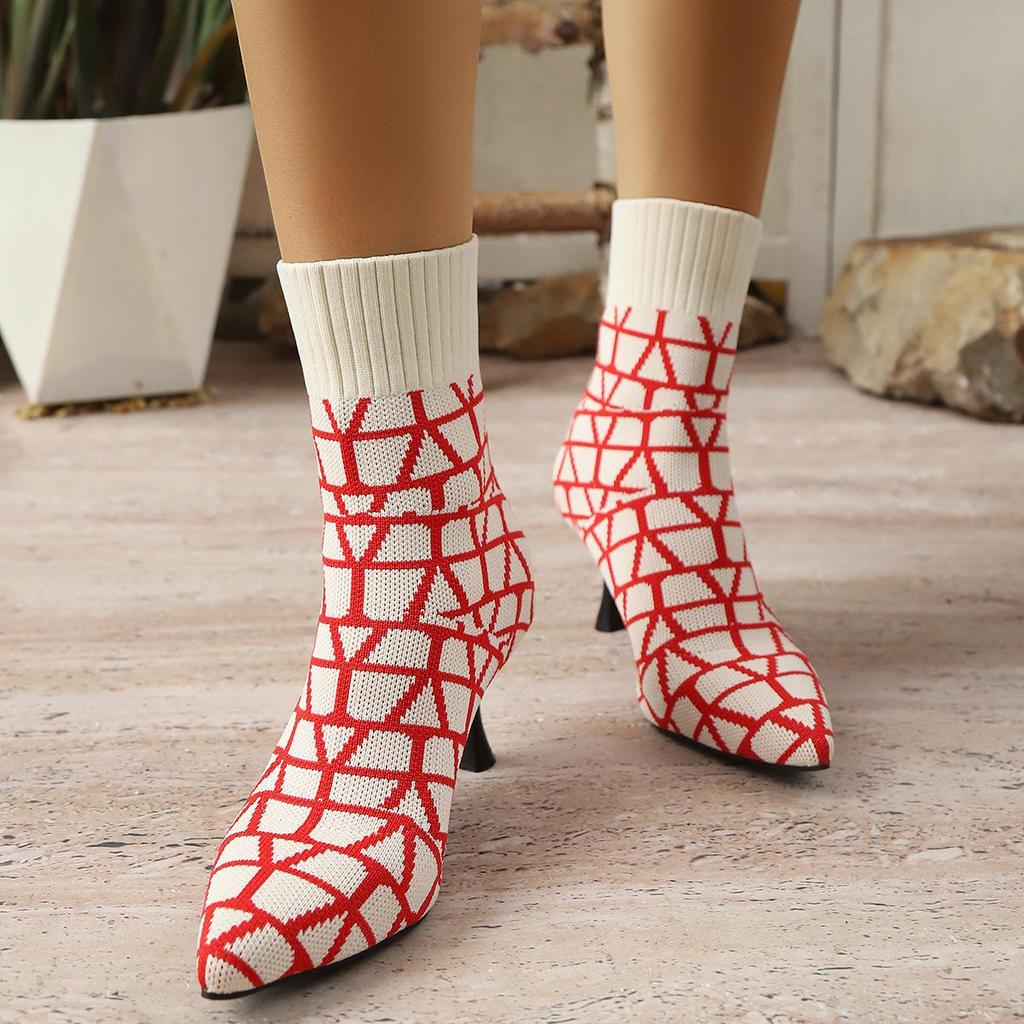 Schicke elastische Damen-Stiletto-Stiefel - Übergröße, Colorblock, mittelhoch, schlankmachendes Design.