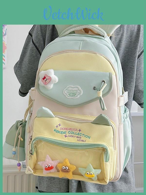 School Girl Nylon Backpack With Design And Multicompartment For Students