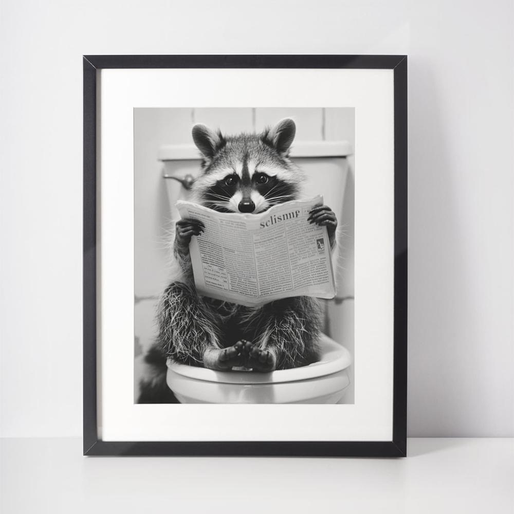 Lindo mapache en el inodoro Pósteres Impresión de Imagen Animal Divertido Blanco y Negro Arte de Pared Pintura en Lienzo para Baño Decoración del Hogar