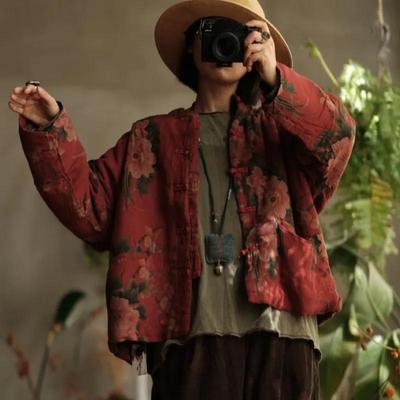 Women Chinese Print Floral Stand Pockets Button Winter Long Sleeve Warm Coats