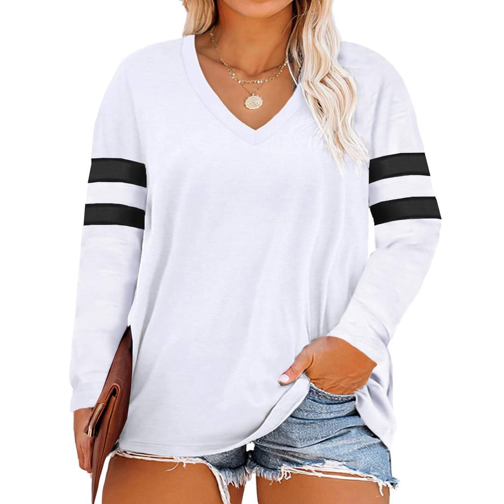 Women's Casual V Neck Pullover Long Sleeve Striped Colorblock  Oversized Shirts