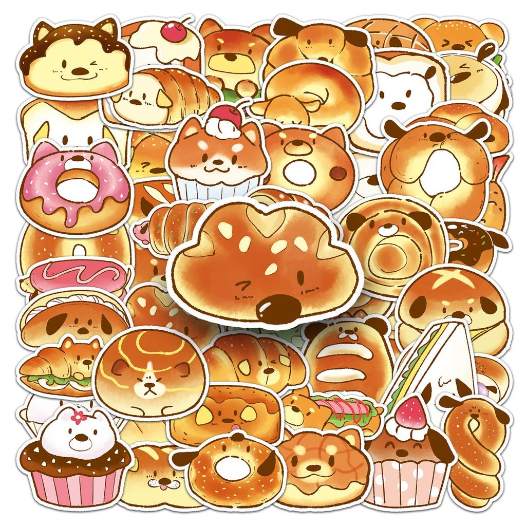 50 Hand-drawn Bread Dog Graffiti Stickers: Cute Cartoon Dessert Designs for Water Bottles, Phones, and Journals.
