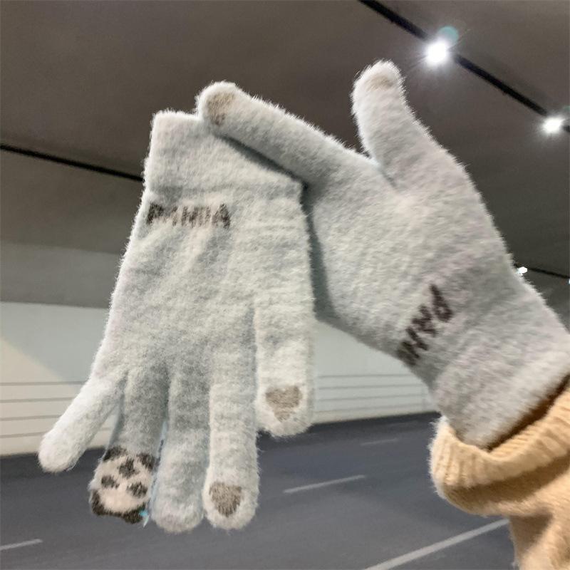 Winter Panda Gloves Korean Version of Cute Plush Warmth and Cold Riding Biker Students Touch Screen Windproof Gloves