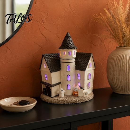 Spooky Tabletop Decoration Vintage Light-Up Cottage Halloween Decoration, Gothic Ghost Pumpkin Village House Decorative Mantelpiece Items Figurine,