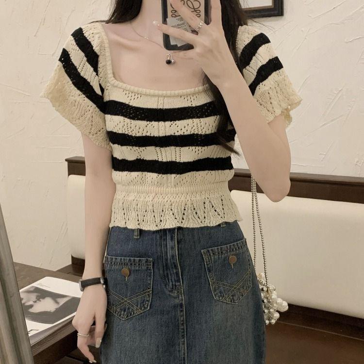 French Hollowed Out Knitted Sweater with Unique Style Square Neck Ice Silk Striped T-shirt for Women Summer Tight Fitting Short Style
