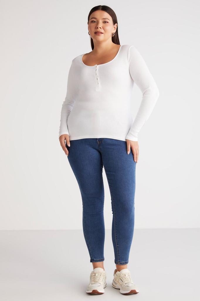 Damen Bluse in Übergröße Zazanabb Rippstrick Optik Körperbetont Tiefer Rundhalsausschnitt Geknöpft Schwarz Plus Size Bluse