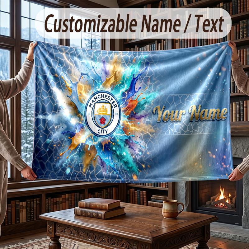 Custom Name Flannel Throw Blanket Manchester City Pattern Warm Home Decoration