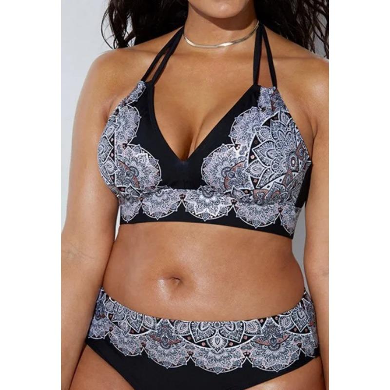 2025 Swimwear High Waisted Two Piece Plus Size Large Size Plus Fat Printed Swimsuit Women Back Chalaza Bikini Beach Bathing Suit