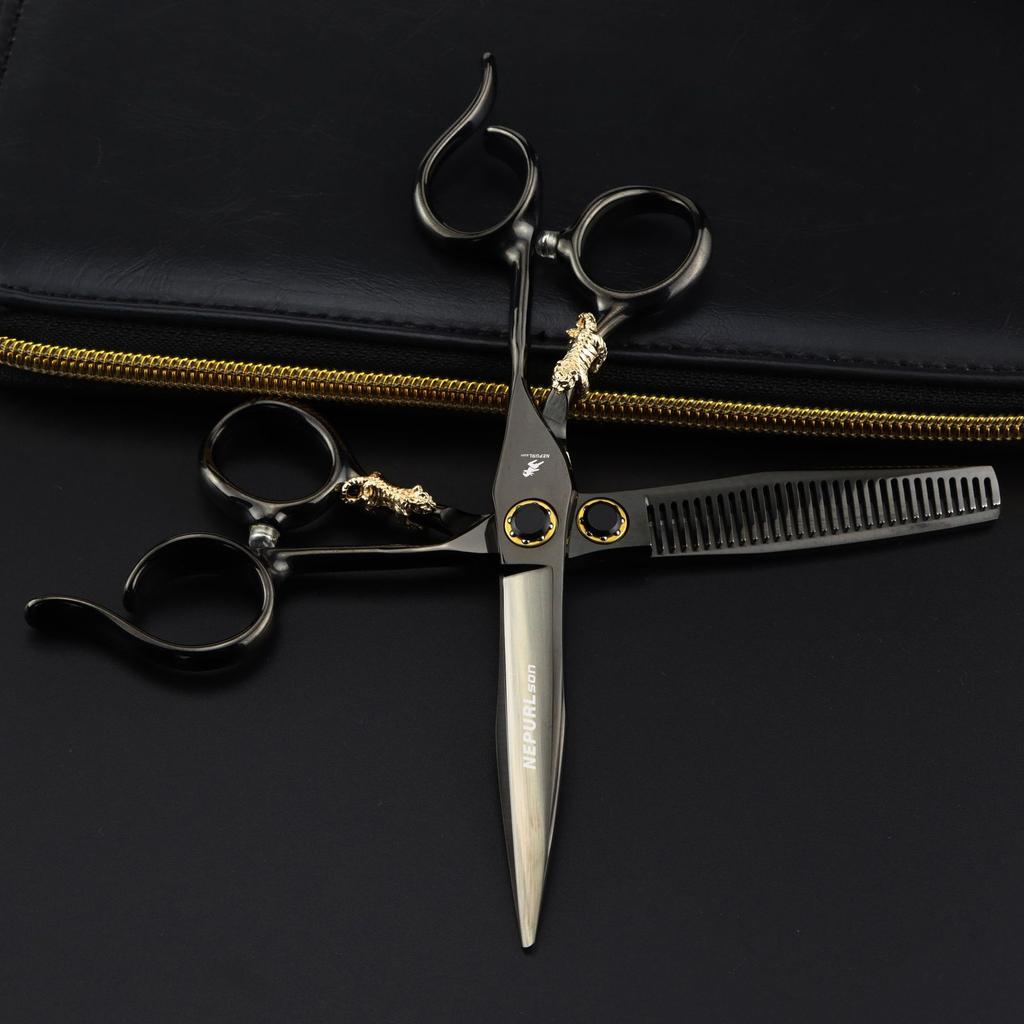 6.0 Inch Nimpson Black Steel Notched Handle Small Golden Tiger, Bearing Screw Hair Scissors, Hair Scissors, Thin Teeth Scissors