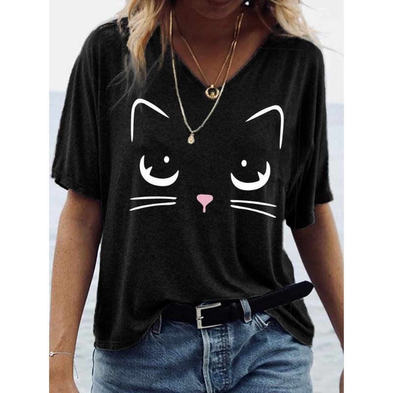 Summer V-neck 3D Cat Flower Colorful Printed Top Fashionable Casual Short Sleeved Women's T-shirts