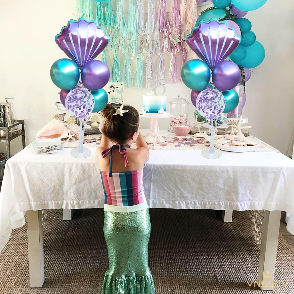 Mermaid Table Centerpiece Balloons Stand Kit 2 Sets with 2 Sea Shells Foil Balloons 14 Purple Blue Latex Balloons for Birthday Beach Mermaid Theme