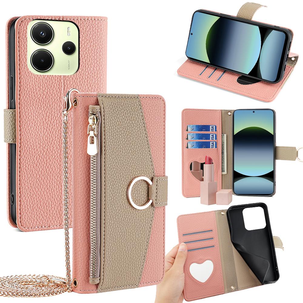 For Xiaomi Redmi Note 14 4G (163.25mm) Case Mirror Wallet Leather Phone Cover with Chain Shoulder Strap