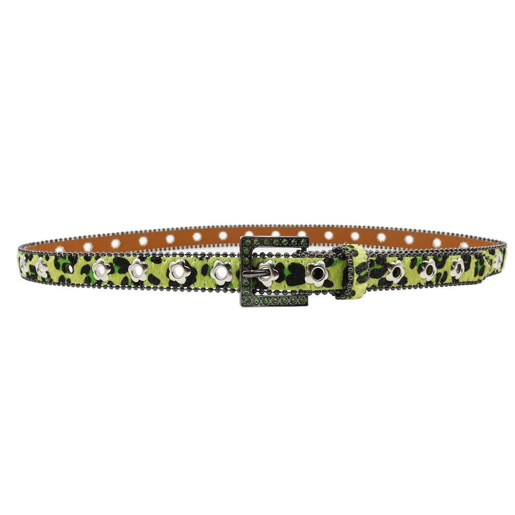 Luxury 2.3cm Leopard Print Leather Belt with Floral Eyelets & Rhinestones, No Punching Needed, Pin Buckle, Fully Diamond-Encrusted.