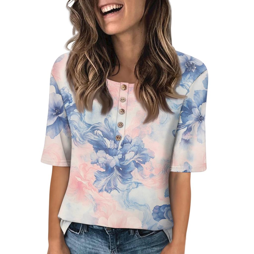 Dame Mote Trykket Rund Hals Knapp Halv Erm Løs Topp