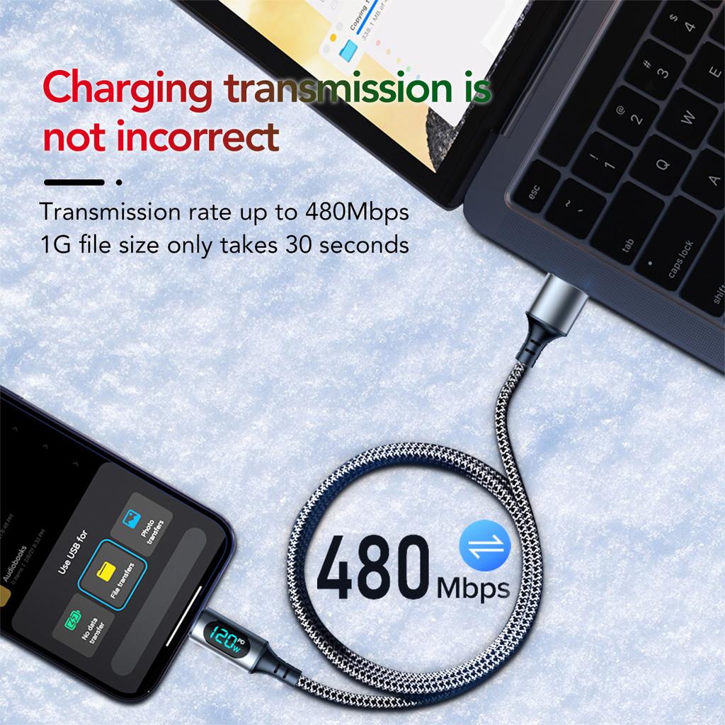 Ultra-Super Fast Charge Cable-6A 120W USB A To Type C Nylon Data Cord with Led Digital Display Cable