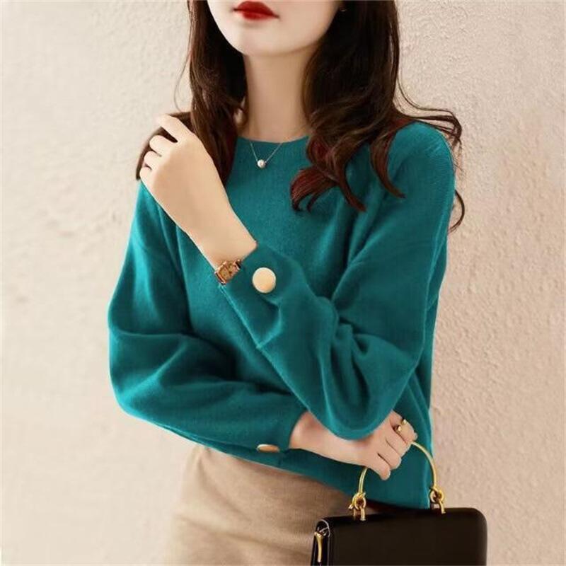 Mode einfarbiger Rundhals Strickpullover langärmlig Herbst und Winter neu locker Pullover vielseitiges Oberteil Damenpullover