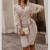 Women Dress  Color V-neck Bandage Lace Patchwork Long Sleeve Evening Dress