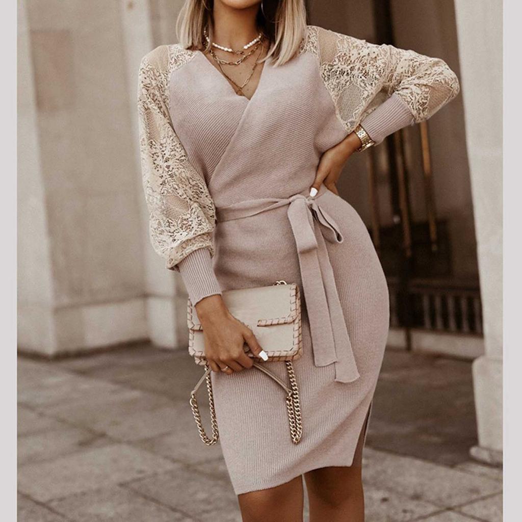 Women Dress  Color V-neck Bandage Lace Patchwork Long Sleeve Evening Dress