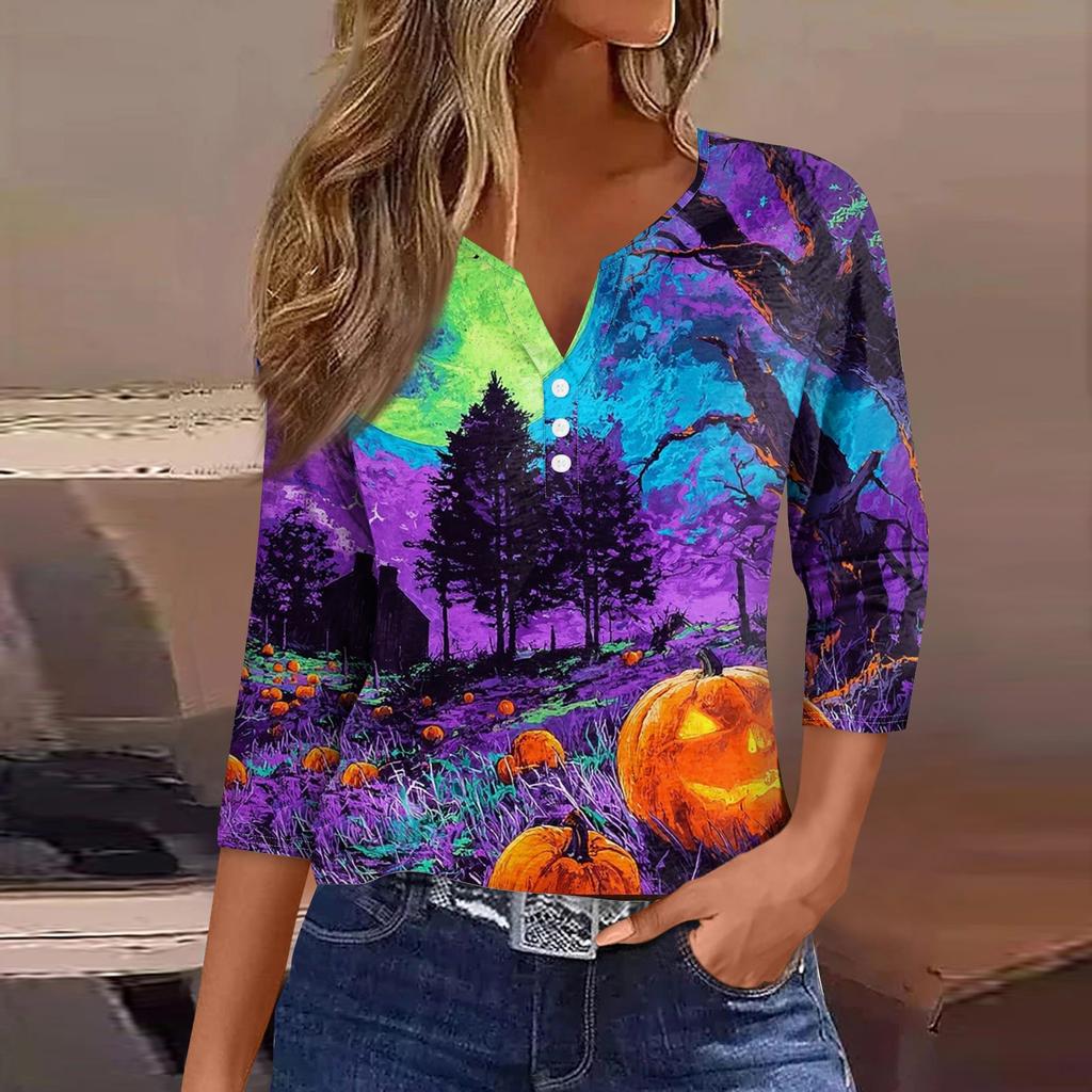 Top T-shirt da donna con scollo a V, bottoni, maniche a tre quarti, per Halloween