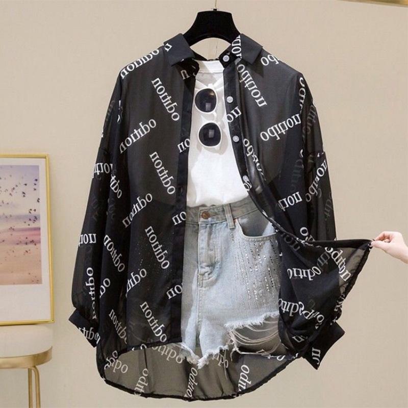 Chiffon Sun Protection Clothing Women's Loose Summer Solid Color Letters Wild Thin Coat Long-sleeved Air-conditioning Cardigan