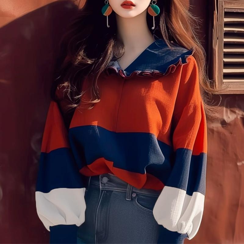 

VONDA Женские осенние блузки с длинным рукавом и контрастным лацканом 4XL красный