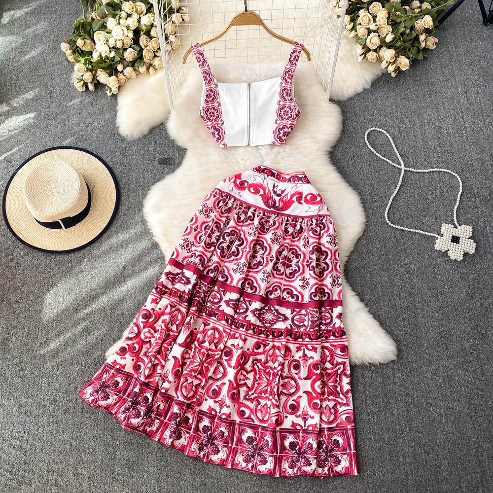 Elegant Porcelain Pattern Two Piece Set Women Flower Print Short Crop Top Pleated Maxi Skirt Suits Female Patchwork Vintage Strap Sets 2024