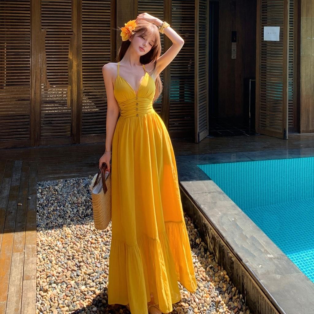 Vacation Dress With V Neck Sleeveless Long Skirt For Beach And Holiday