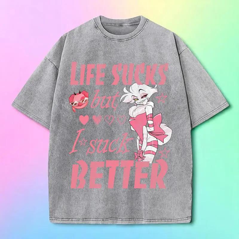 

Anime Hazbin Hotel Angel Dust Tshirt Men Women Clothing Gothic Vintage Washed Oversized T shirt Short Sleeve Cotton Tees Tops S