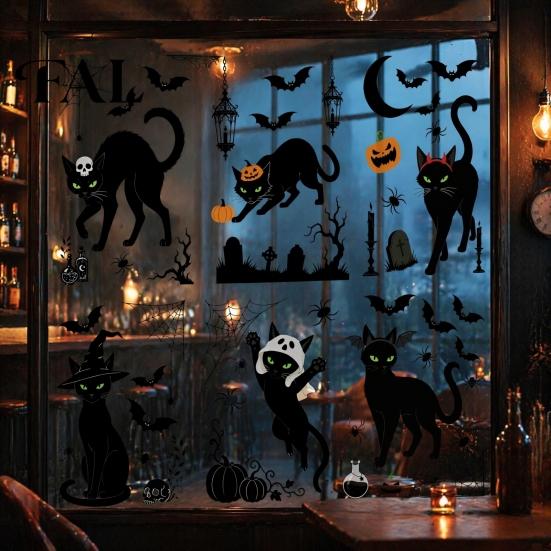 Indoor Seasonal Glass Art 6 Sheets/Set Black Cat Window Stickers, Adhesive Free Static Clings, No Residue Holiday Decorations Halloween Bat