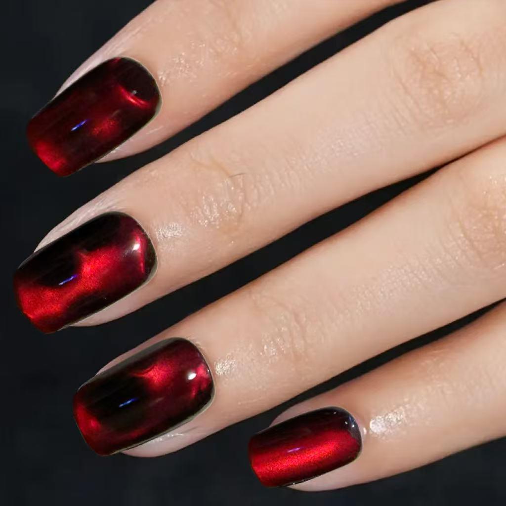 24-Piece Black-Red Irregular Cat Eye Press-On Nails with Sparkling Design