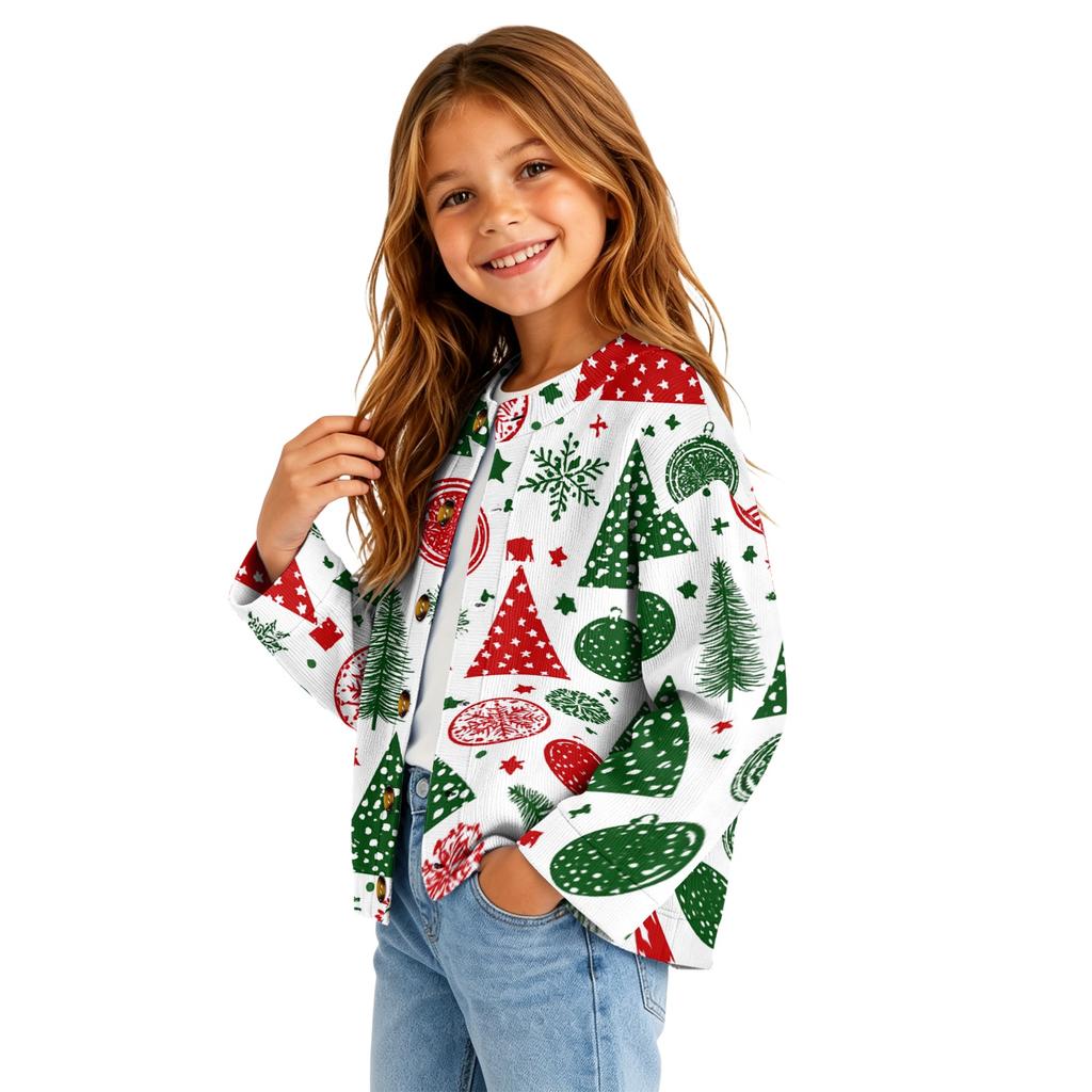 Cardigan Natalizio con Bottoni e Stampa Natalizia per Bambina, per Outfit Festivi e Uso Quotidiano