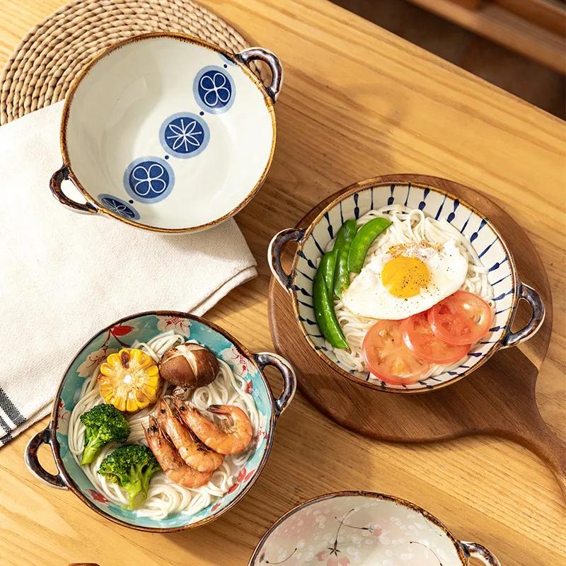 Flowers Plants Japanese Household Noodle Bowl Ceramic Soup Bowl with Handle Salad Bowl Kitchen Tableware Microwave Oven Secure