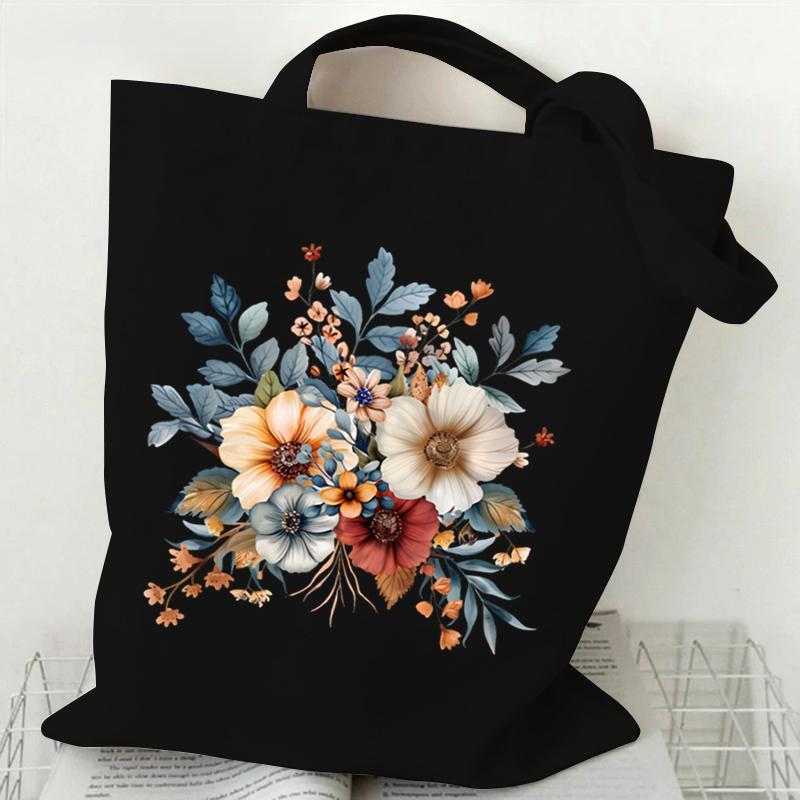 Elegant Wildflowers Aesthetic Canvas Handbag Reusable Floral Shopping Tote Bag for Women