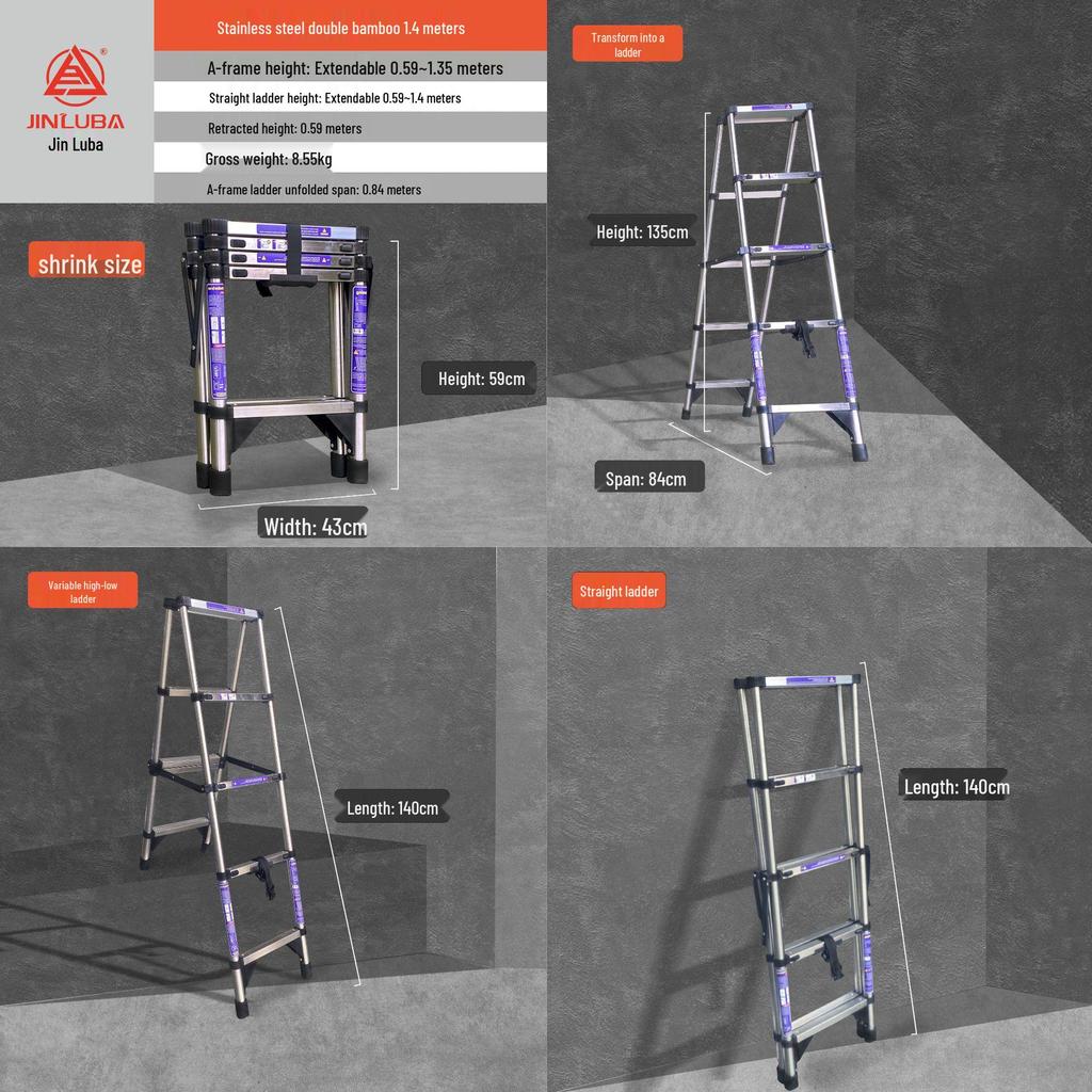Jinluba Aluminum Telescopic A-Frame Ladder - Thickened, Stainless Steel, Bamboo Joint, for Household & Engineering Use