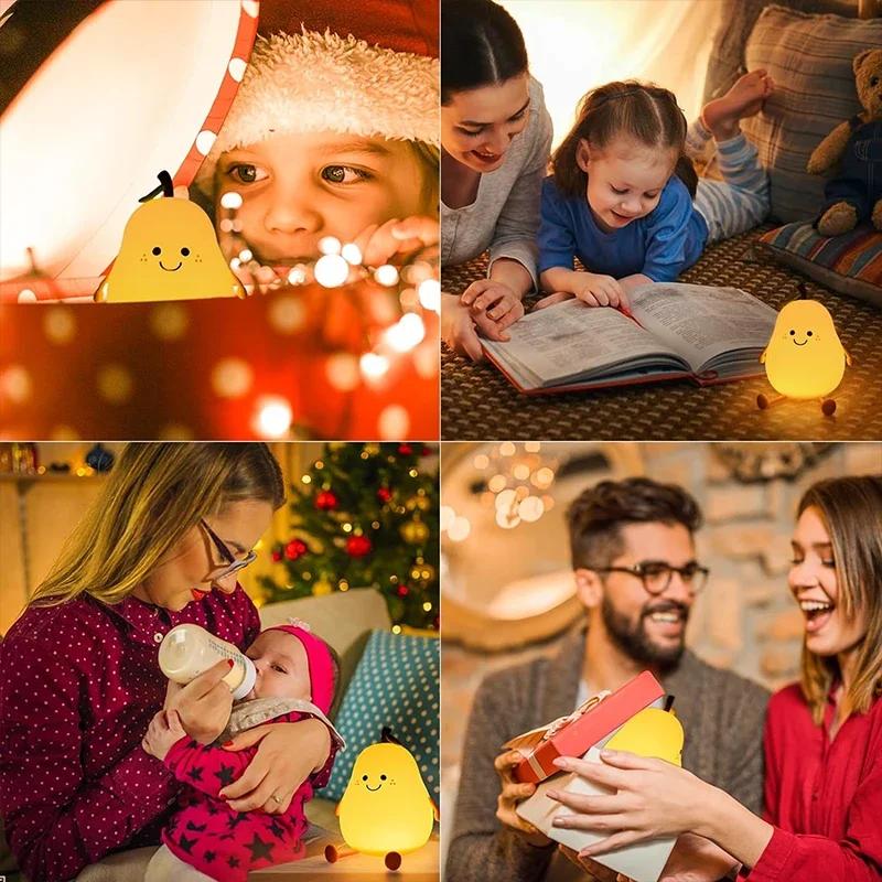 Cute Smile Pear Night Light, Portable Creativity with Touch Sensor, USB Silicone Baby Sleep Dimmable Bedside Lights Table Lamp