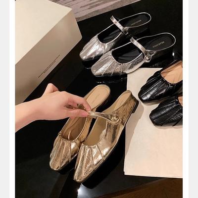 Grape Mother of the Same Style, Temperament Small Square Head Folds, Word with Shallow Mouth Mary Jane Single Shoes Bag Head Half Drag Sandals Women
