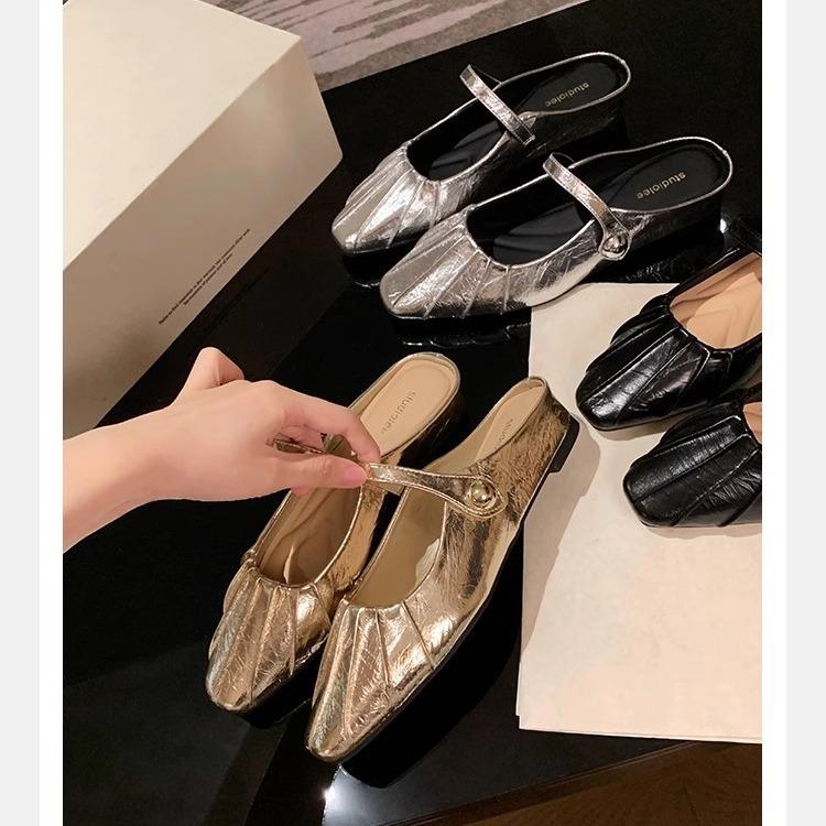 Grape mother of the same style, temperament small square head folds, word with shallow mouth Mary Jane single shoes bag head half drag sandals women