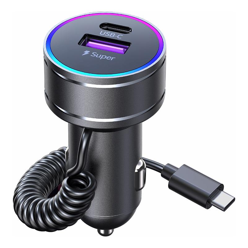 

K16A Fast Car Charger with PD 30W Type C Spring Cable for iPhone/Huawei/Samsung