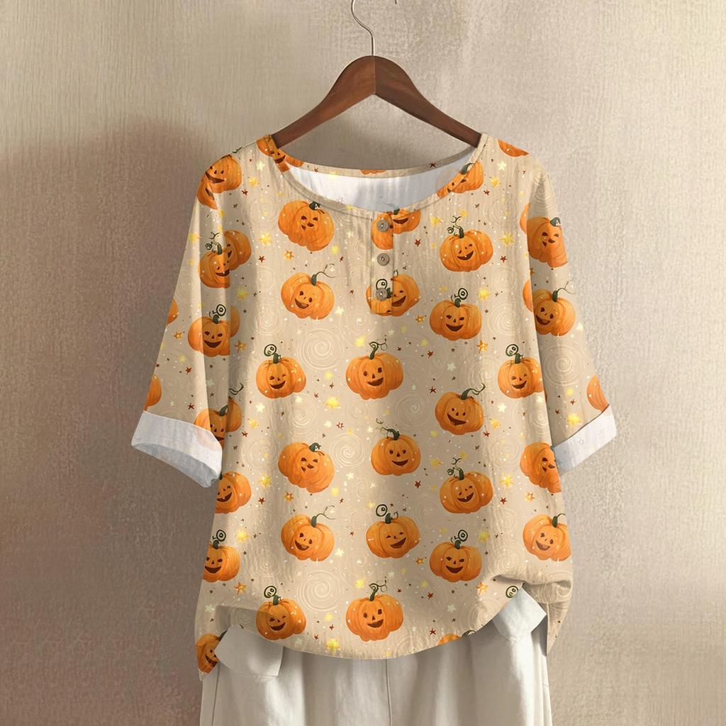 Damska codzienna bluzka z bawełny i lnu z nadrukiem Halloween z okrągłym dekoltem i rękawem 3/4