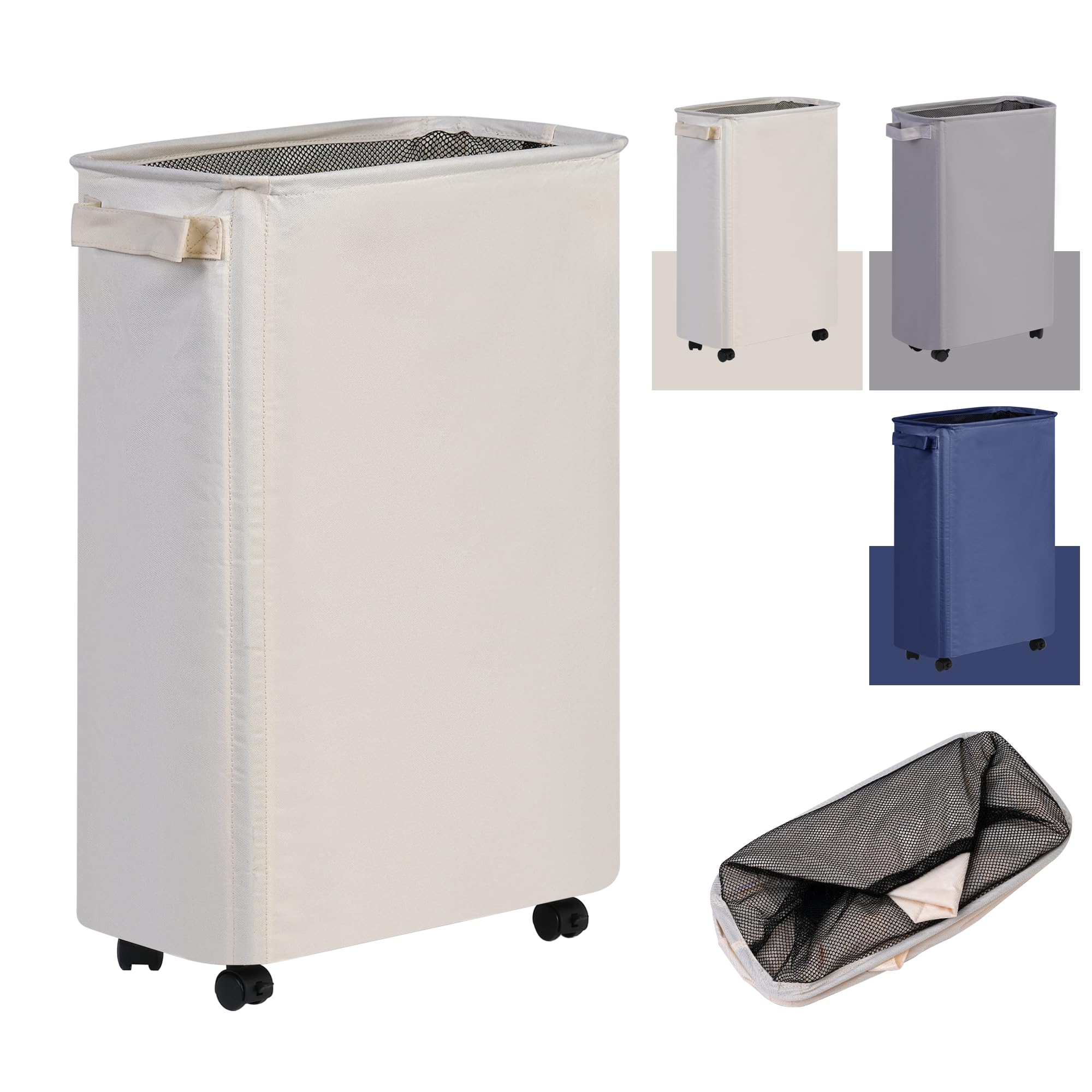 

foldable laundry basket with a 42L and casters for laundry 39cm wide x 19cm deep x 57cm Slim, capacity, water-repellent finish, storage. Dimensions бежевый