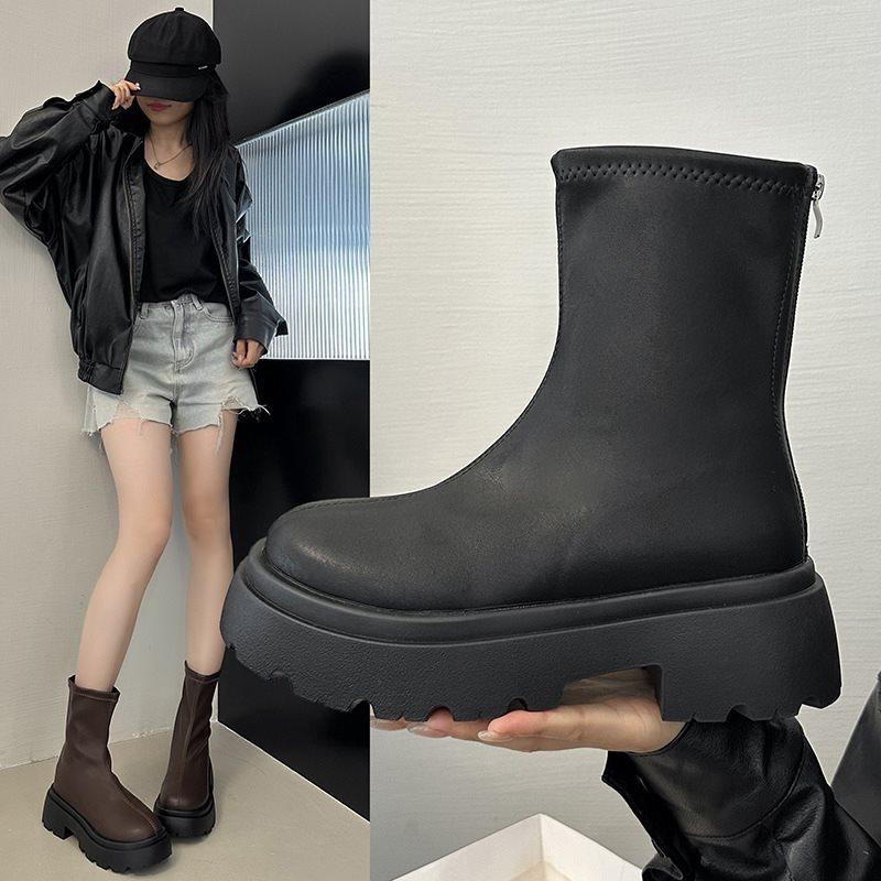 2025 Skinny Autumn Thick-soled Pile Short Boots Women's Martin Boots Skinny Boots Small Versatile Elastic Boots New Boots
